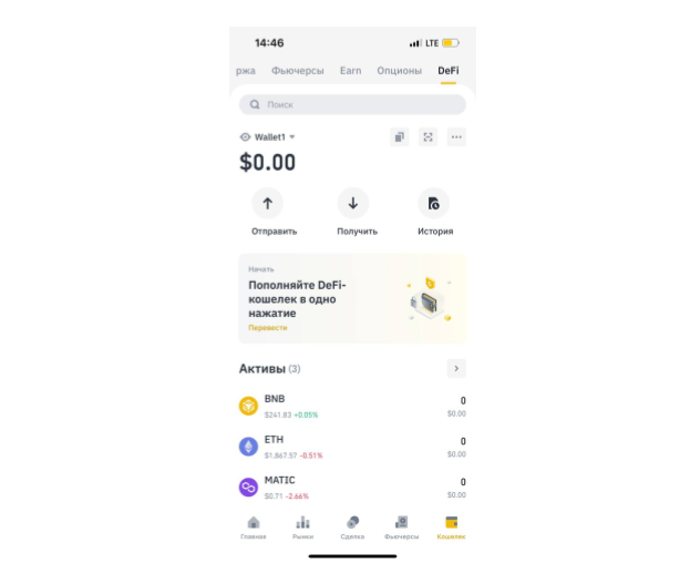 интерфейс мобильного приложения Binance, раздел кошелька Binance DeFi