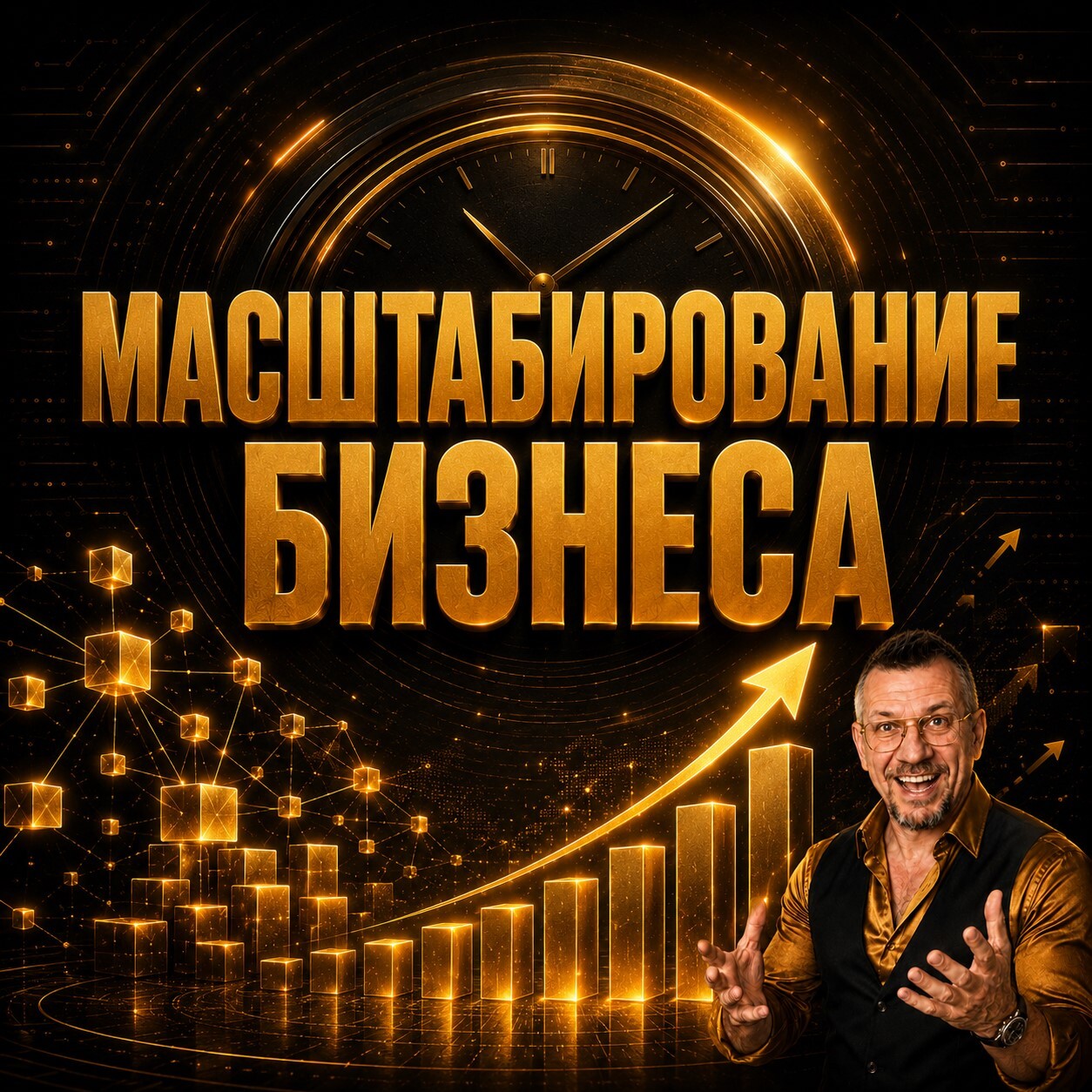 Золотой баннер с надписью «Масштабирование бизнеса», графиком роста, стрелкой вверх и предпринимателем на фоне цифровой бизнес-системы.