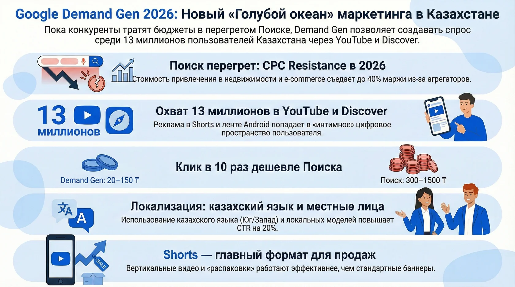 Инфографика: преимущества google demand gen 2026 в казахстане охват 13 млн пользователей и сравнение стоимости клика с поиском.