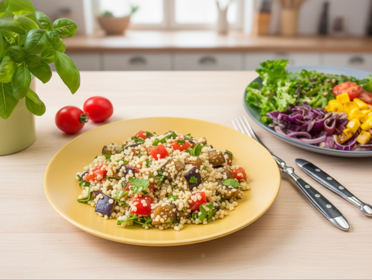 Готовый кускус с кусочками баклажанов, помидоров и зеленью в керамической тарелке.