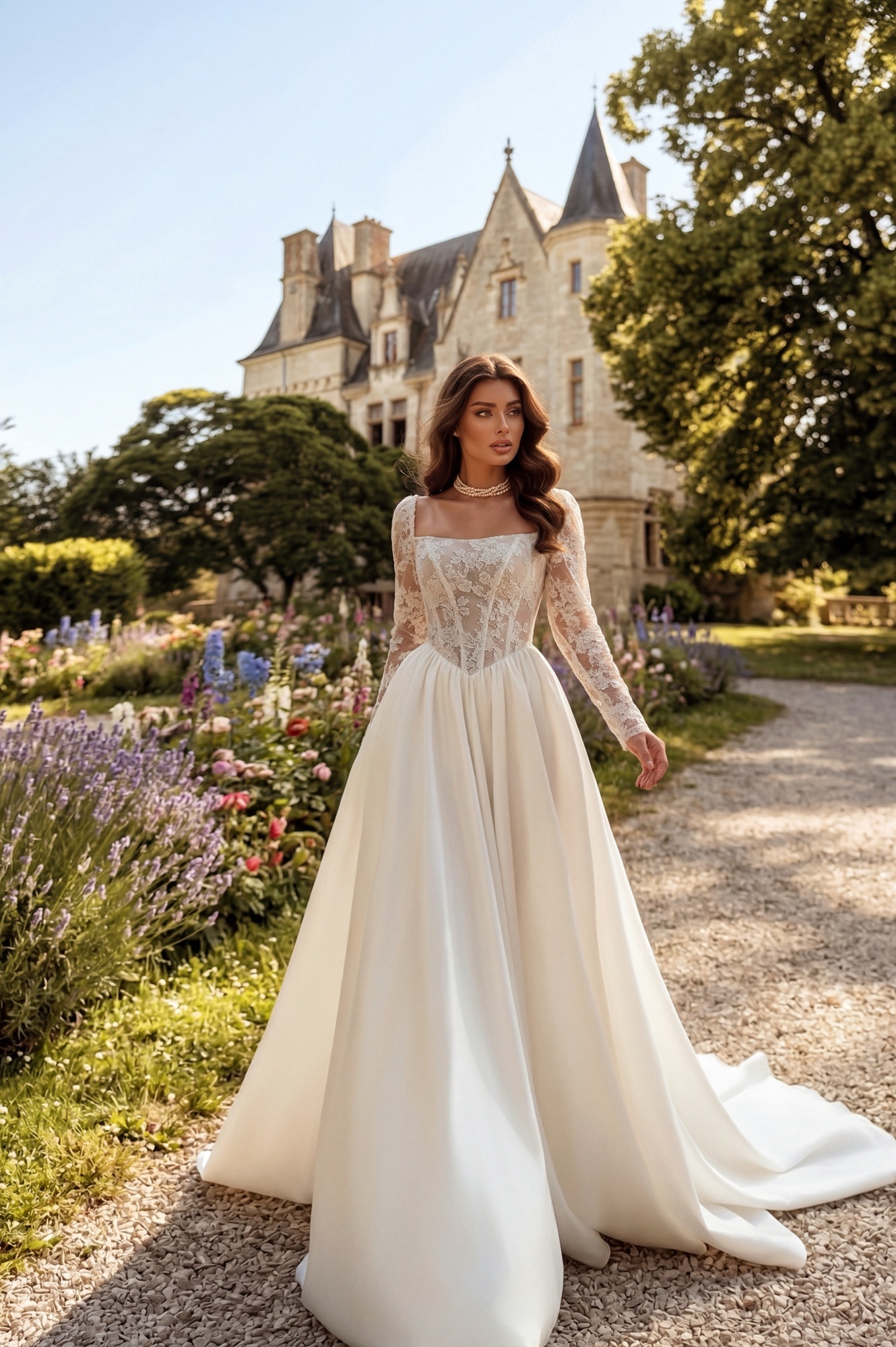 атласное свадебное платье с кружевом