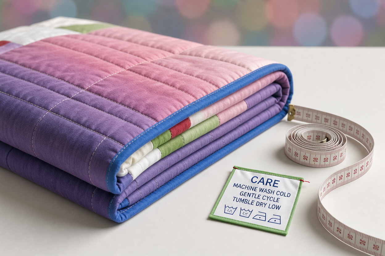 A neatly folded quilt on a table next to a care label and measuring tape, illustrating size and preparation before washing