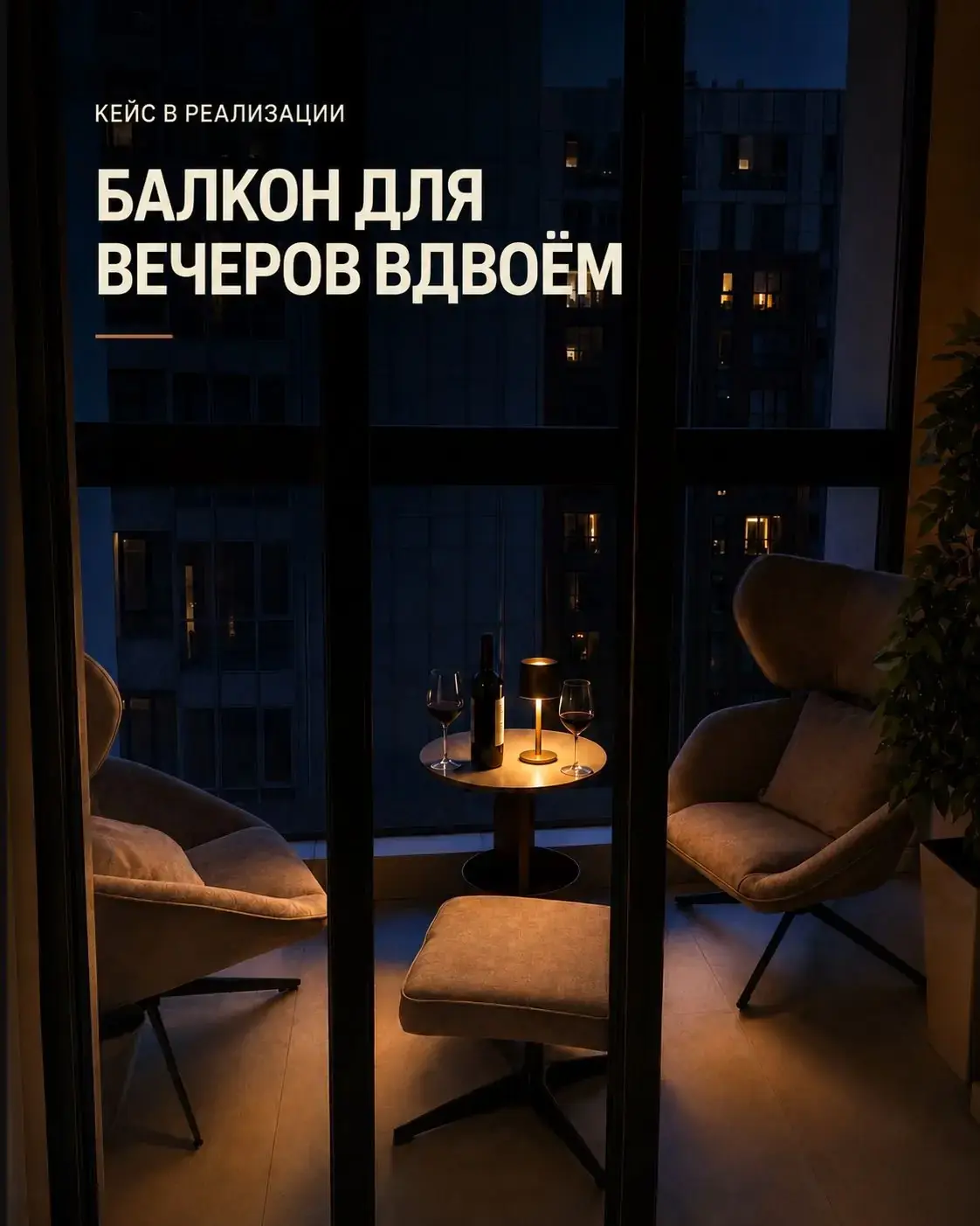 Балконная зона отдыха с двумя мягкими креслами и журнальным столиком вечером