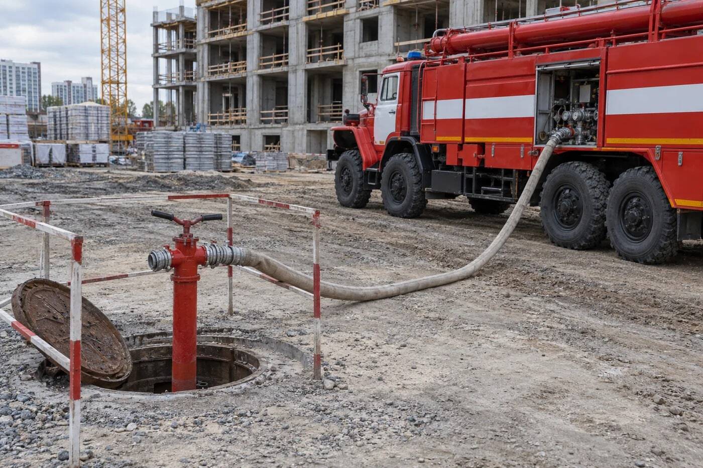Пожарная автоцистерна у оборудованного водоисточника на строительной площадке.