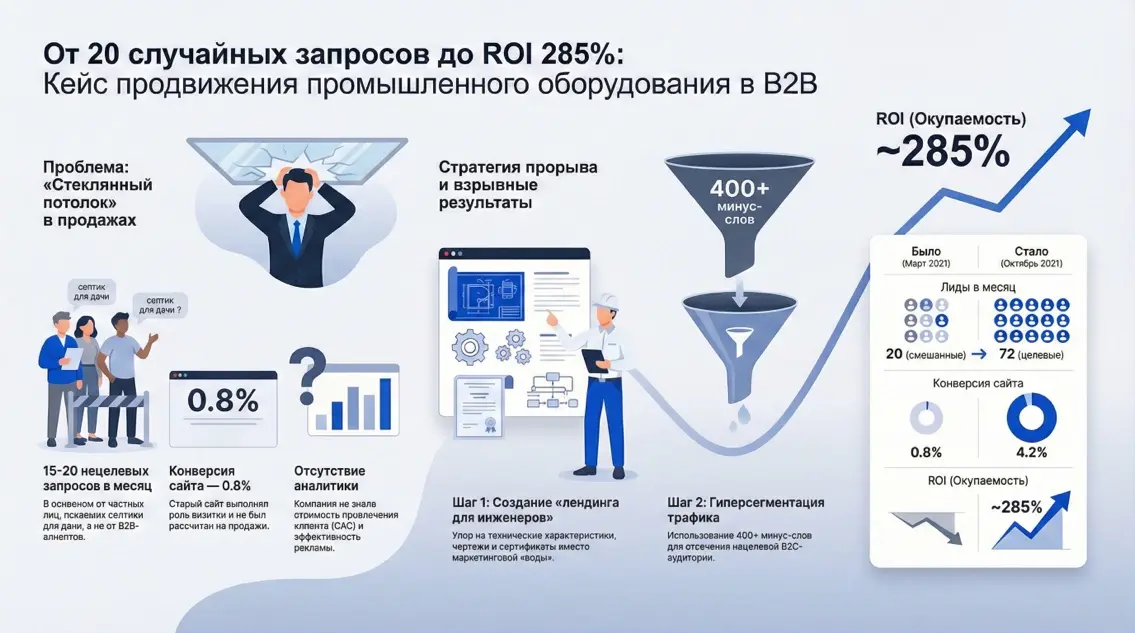 Инфографика: этапы B2B-продвижения, рост лидов с 20 до 72 и увеличение окупаемости маркетинга до 285%.