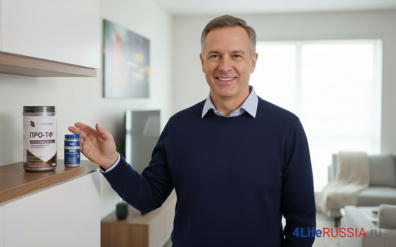 Мужчина держит продукты 4Life PRO-TF и Transfer Factor Plus — визуальная иллюстрация идеи ровной энергии без стимуляторов