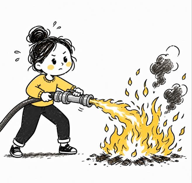 Illustration: a woman spraying fire onto a fire