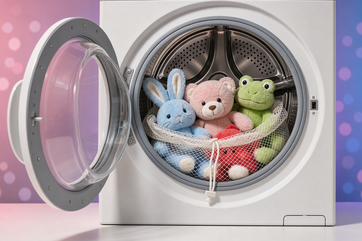 Soft stuffed animals inside a mesh laundry bag placed in an open front-loading washing machine drum