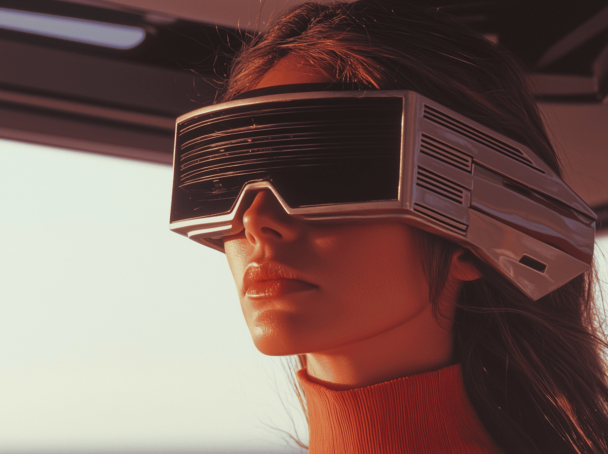     Портрет девушки в футуристическом VR-визоре с ретрофутуристичным дизайном и неоновым освещением — образ взаимодействия человека и технологий.