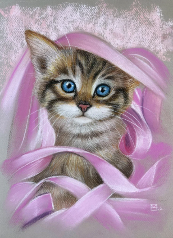 Котенок с розовыми лентами