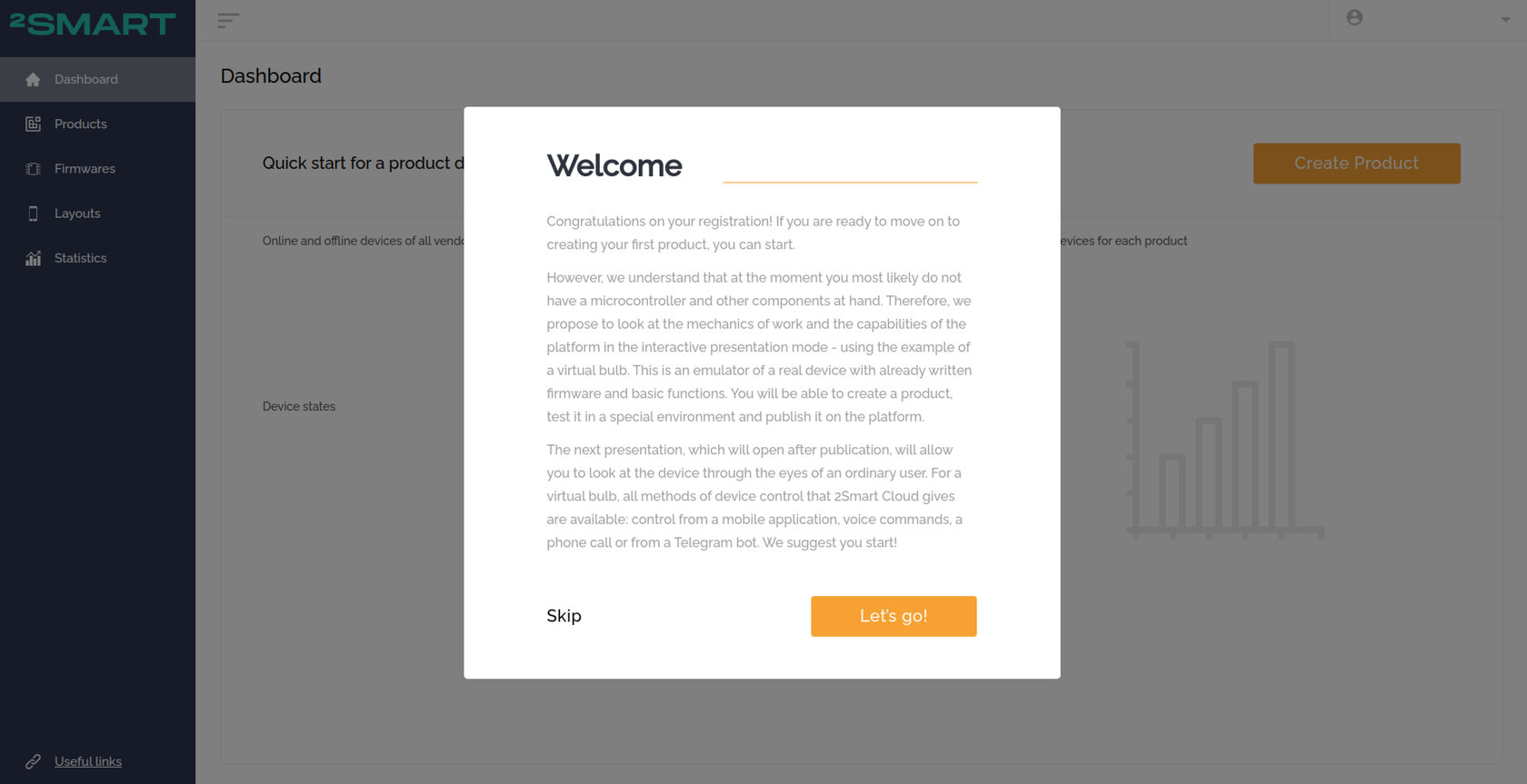 New user welcome screen with an offer to create a test virtual product