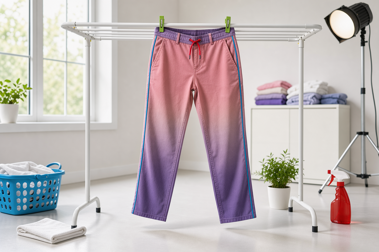 pair of trousers hung on an indoor drying rack with visible fabric texture and natural light