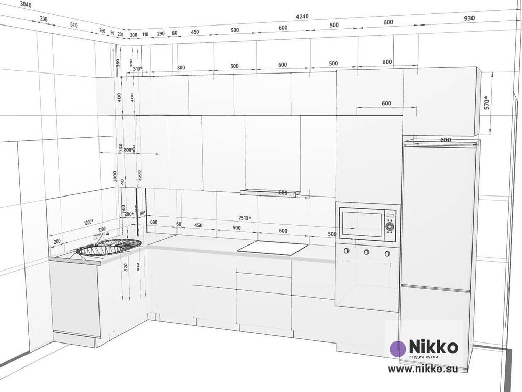 Проект кухни угловой с размерами с двухуровневыми шкафами