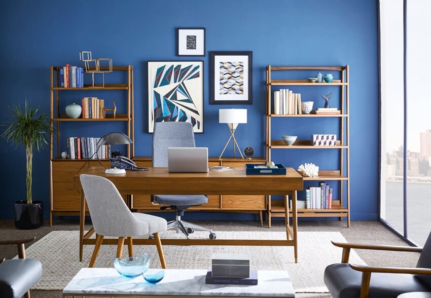Интерьер домашнего кабинета в синих оттенках