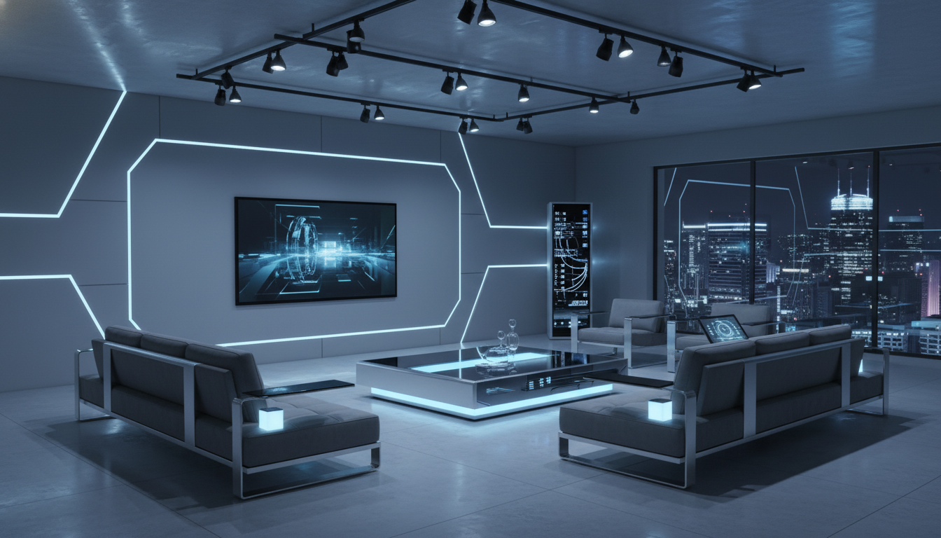 Современная гостиная в стиле хай-тек с металлической мебелью и холодным трековым освещением