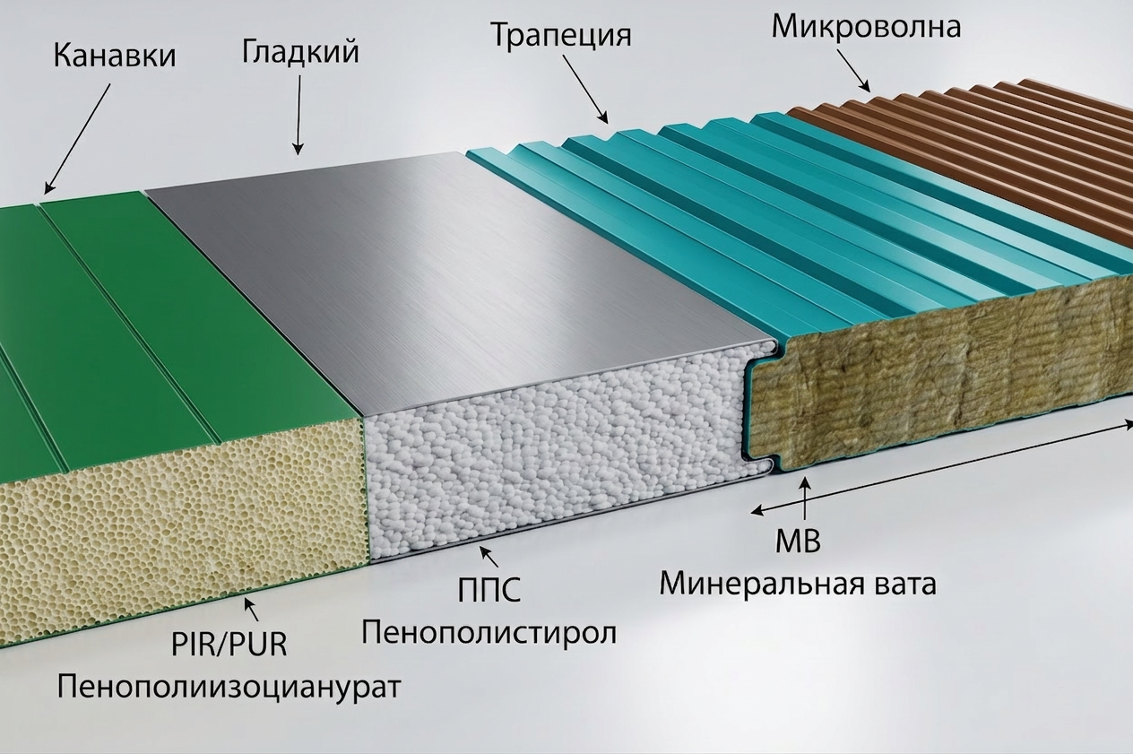 3D-разрез сэндвич-панели: сталь, PIR, минеральная вата, EPS