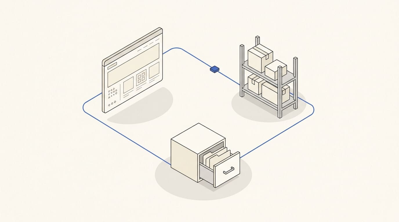 A store, client-record drawer and shelf of boxes connected by a shared data line.