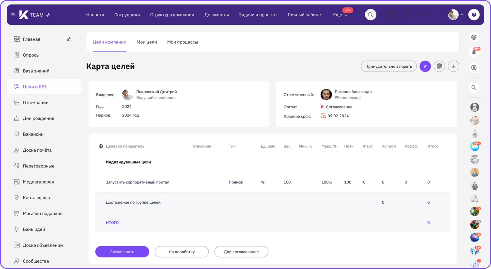 Согласование карты целей и показателей - интерфейс K-Team HRM
