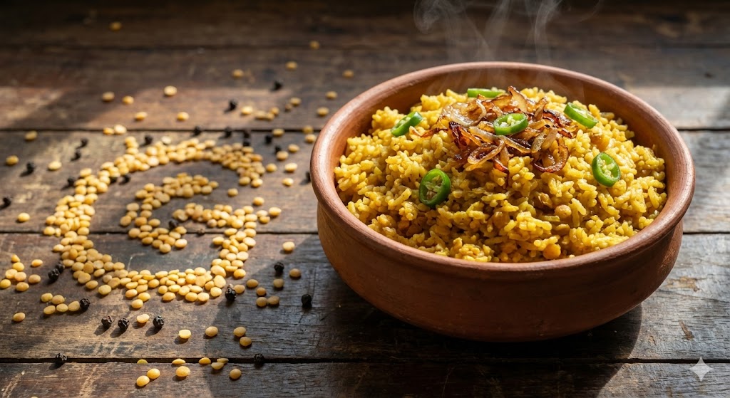 Традиционное бенгальское блюдо Бхуна Кичури из риса и чечевицы