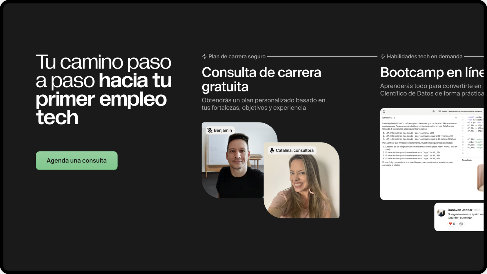 TripleTen Latin America career consultation screen, &ldquo;Tu camino paso a paso hacia tu primer empleo tech&rdquo;, with a free career consultation and a bootcamp card