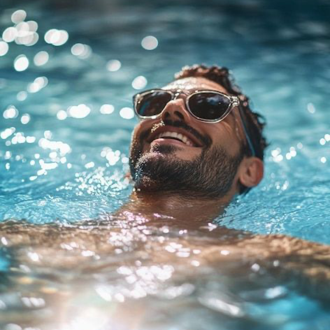 Мужчина купается в кристально чистой воде