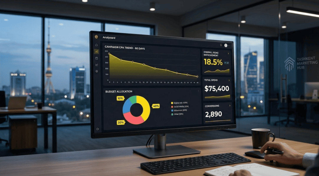 Enterprise marketing analytics dashboard showing CPA reduction, ROAS improvement, and real-time budget allocation metrics on an AI marketing infrastructure platform.