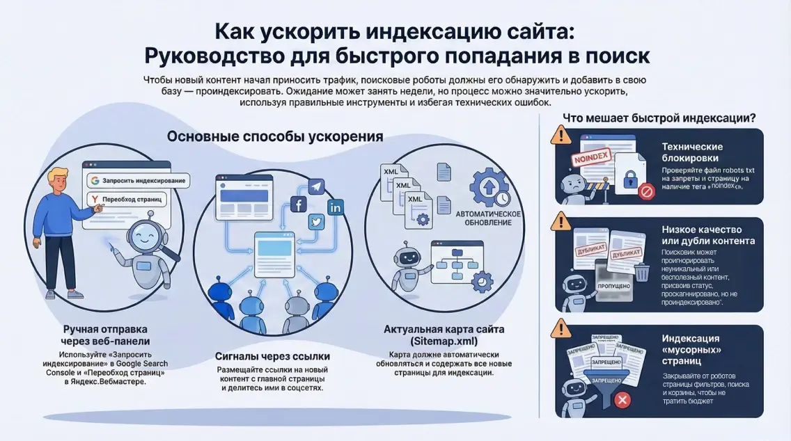 Инфографика: Как ускорить индексацию сайта - руководство для быстрого попадания в поиск