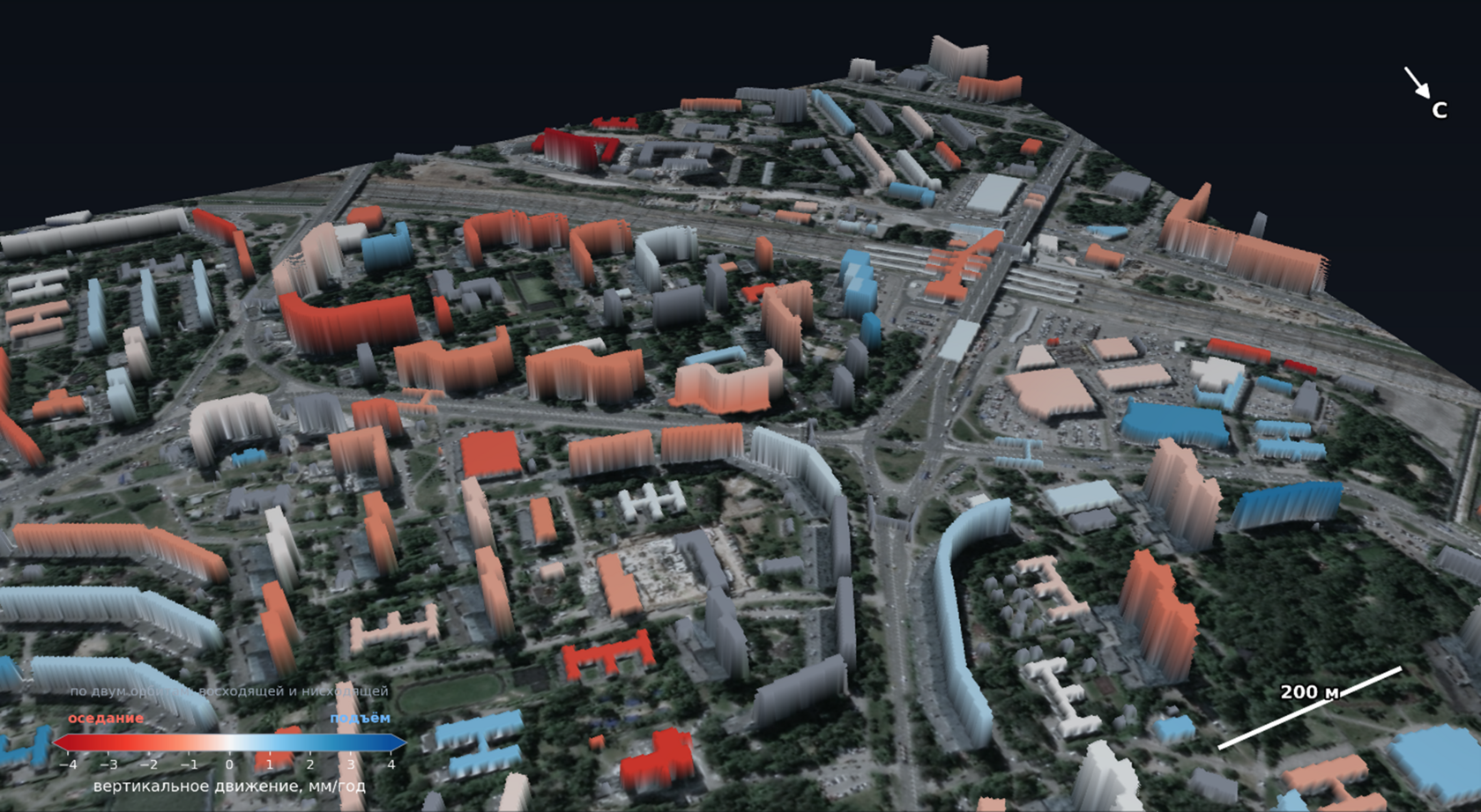 (fig. 8) The central district for comparison: here vertical velocities lie between minus two and plus one and a half millimeters per year — buildings that long ago reached equilibrium.