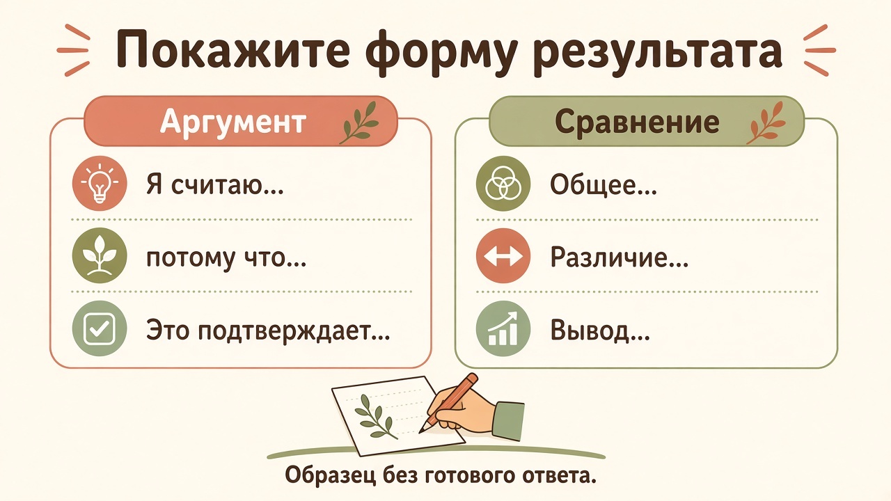 Две формы результата: аргумент «я считаю, потому что, это подтверждает» и сравнение «общее, различие, вывод»