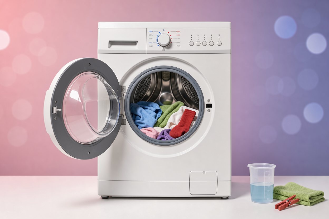 Open washing machine with a balanced mixed load and temperature dial visible, detergent measuring cap on nearby surface (no brand logos)