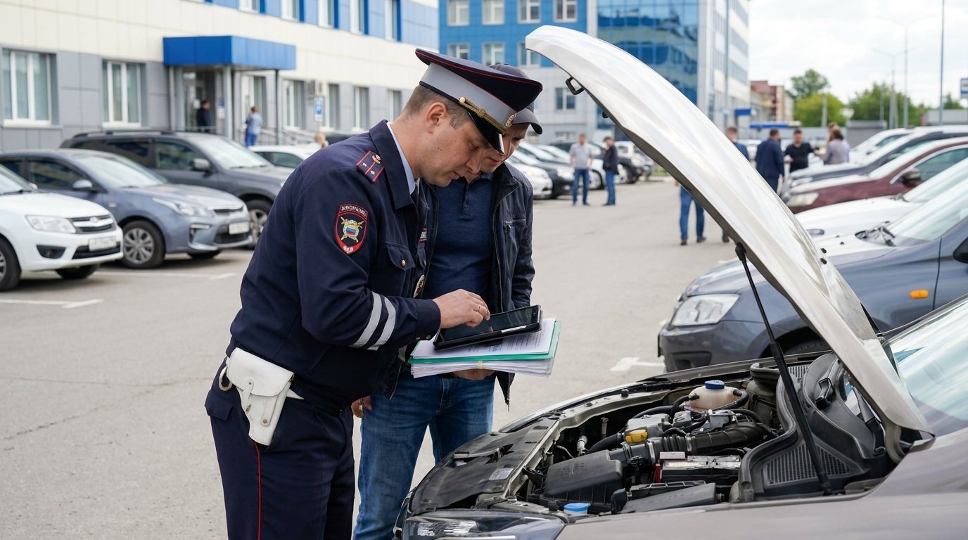 Инспектор осматривает автомобиль и документы при оформлении электронного паспорта, деловая обстановка