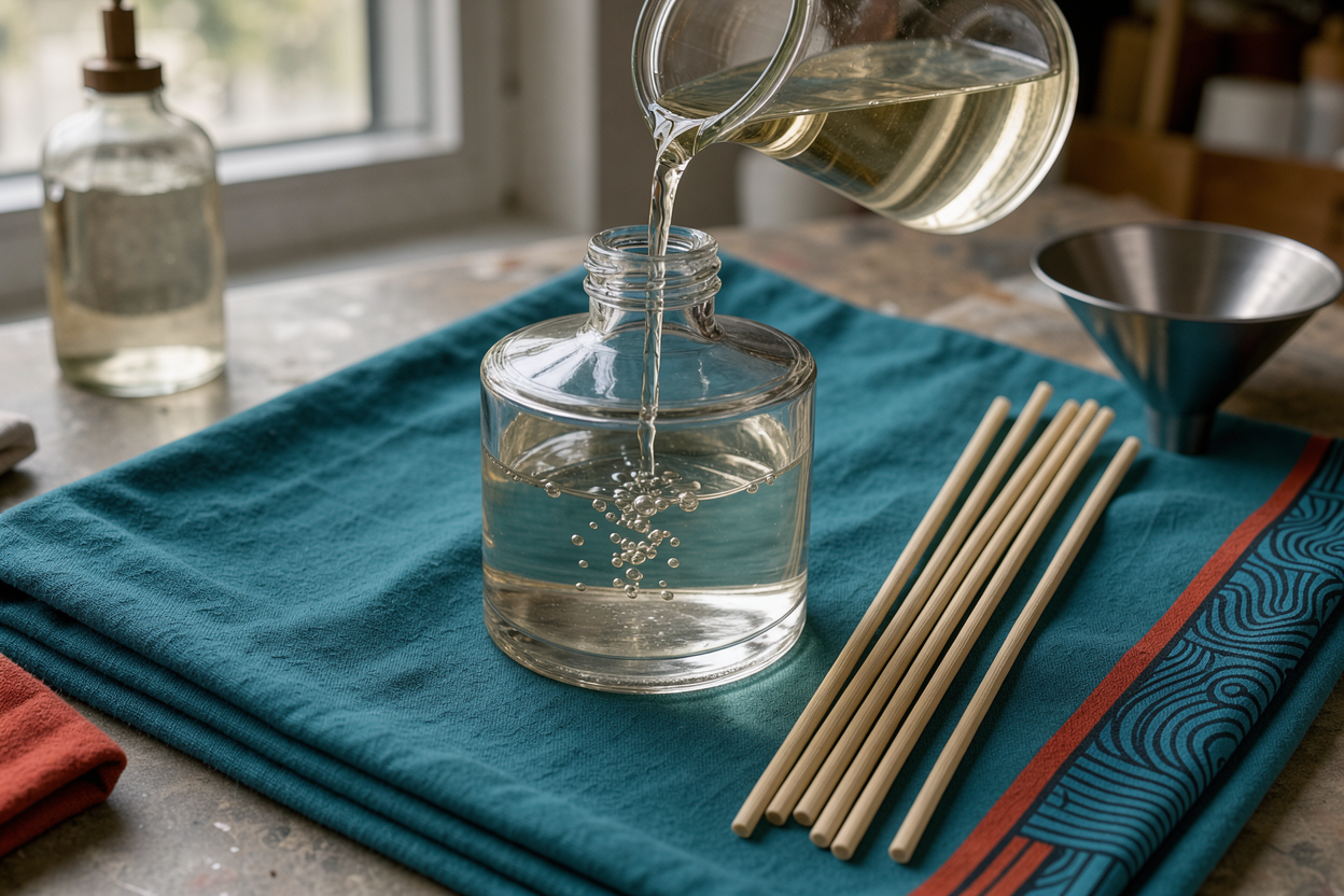 close-up of a glass diffuser bottle being filled with scented liquid, wooden reeds next to it on a cloth, no labels