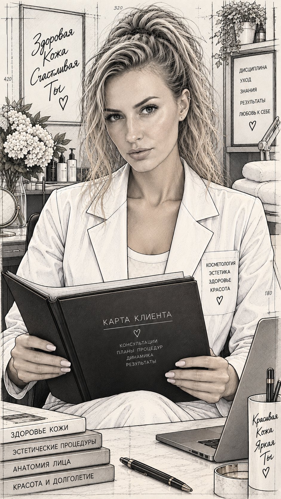 чертёж: врач-косметолог с картой клиента в кабинете клиники