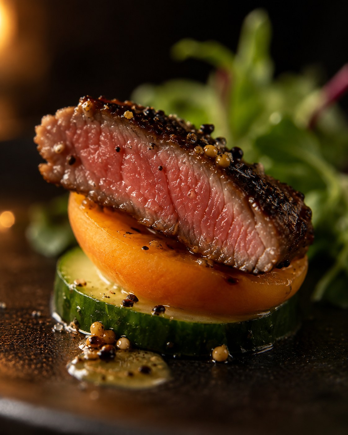 A slice of medium-rare steak on a piece of apricot and a cucumber round with grains of mustard, close up