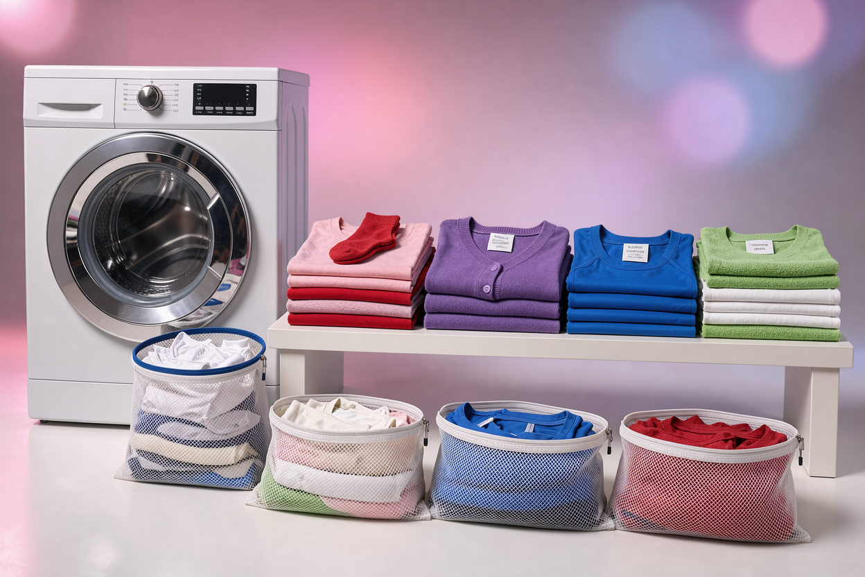 pile of sorted laundry by color and fabric type on a bench next to a washing machine, labels visible on garments, mesh laundry bags and closed zippers