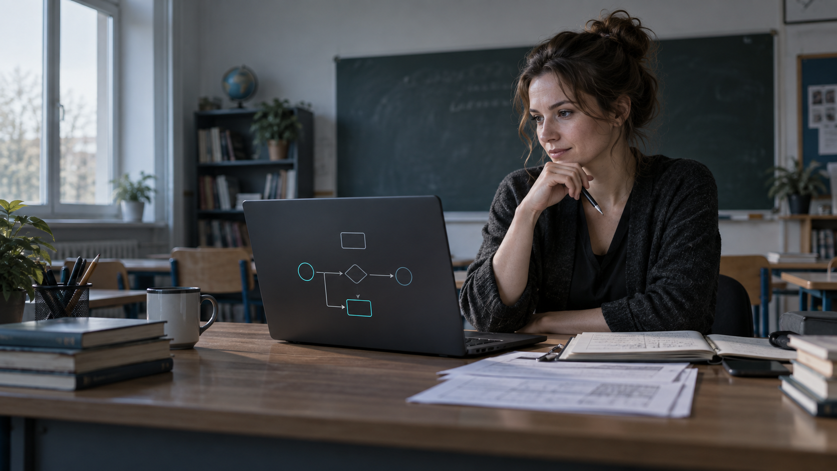 Преподаватель за ноутбуком в классе после занятий изучает схему процесса