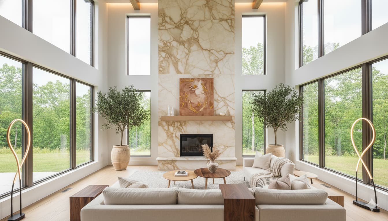 Современная гостиная в стиле «теплый минимализм» с бежевым диваном-букле и натуральным деревом