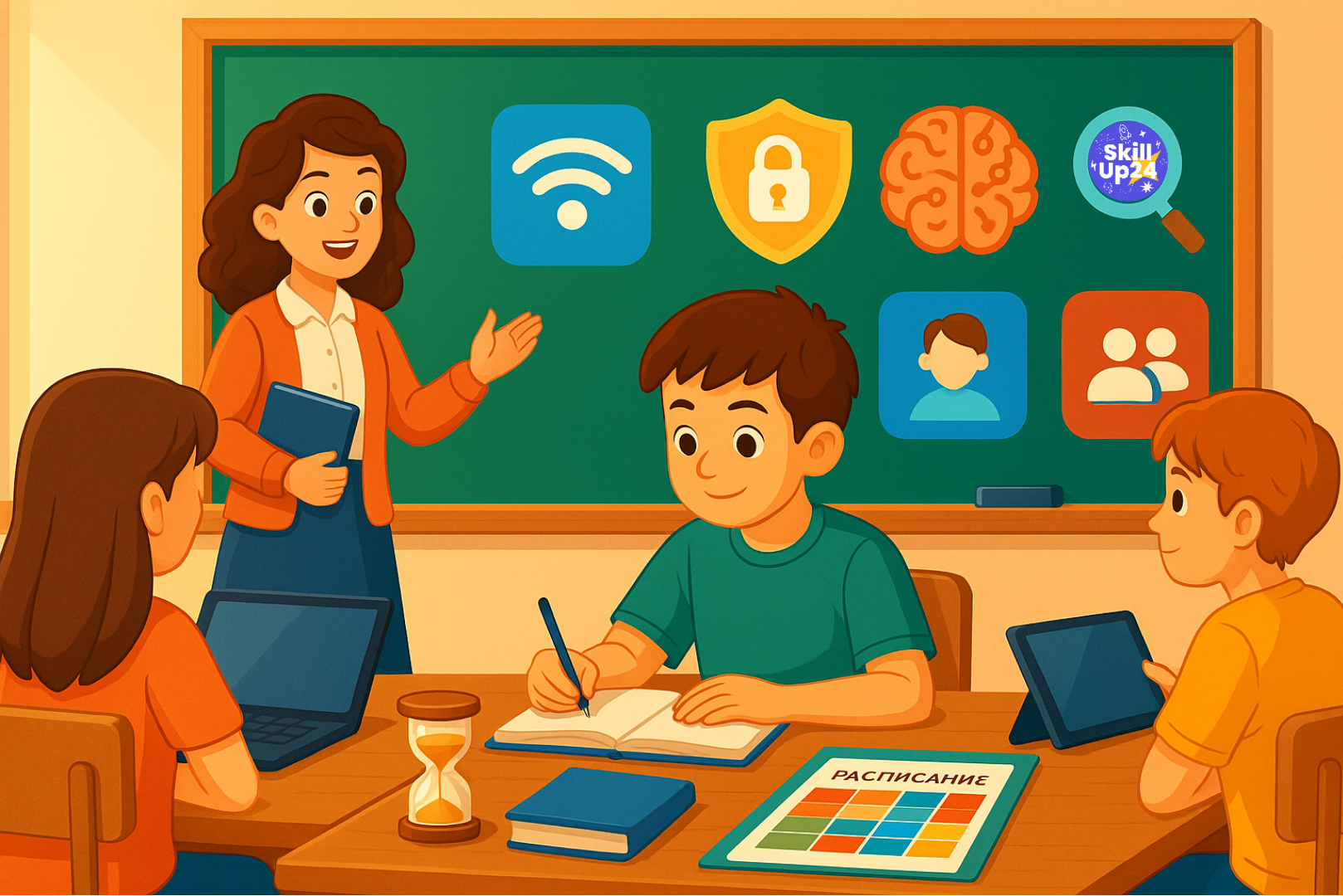 Учитель объясняет тему цифровой грамотности у интерактивной доски с иконками Wi-Fi, замка, мозга, лупы и соцсетей, ученики 13–15 лет работают за ноутбуками и планшетами в современном школьном классе
