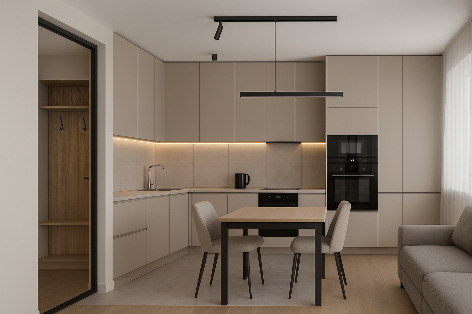 Современная кухня-студия для сдачи: угловой гарнитур из матового МДФ бежевого цвета, столешница HPL и плиточный фартук, встроенная техника (индукция, духовой шкаф-СВЧ в колонне), подшкафная тёплая подсветка и линейный подвес; слева ниша-прихожая с крючками и чемоданом, по центру стол 90×60, справа диван у окна.