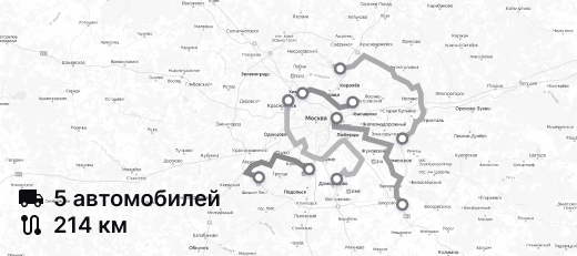 Карта маршрута — базовый алгоритм: 5 автомобилей, 214 км