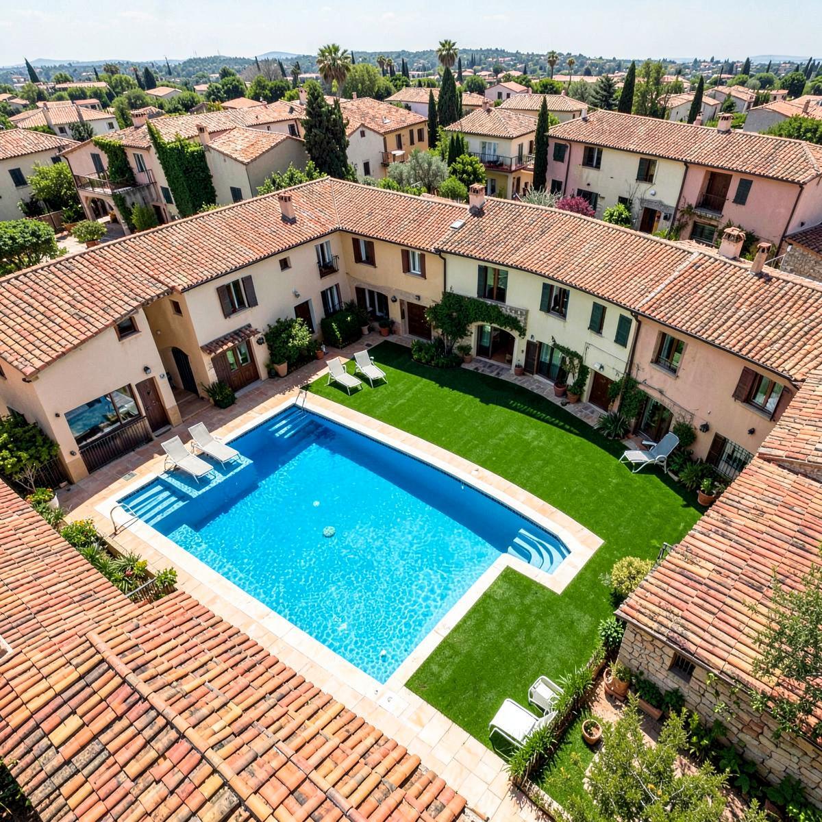 Vista aérea de la piscina del complejo rodeada de casas