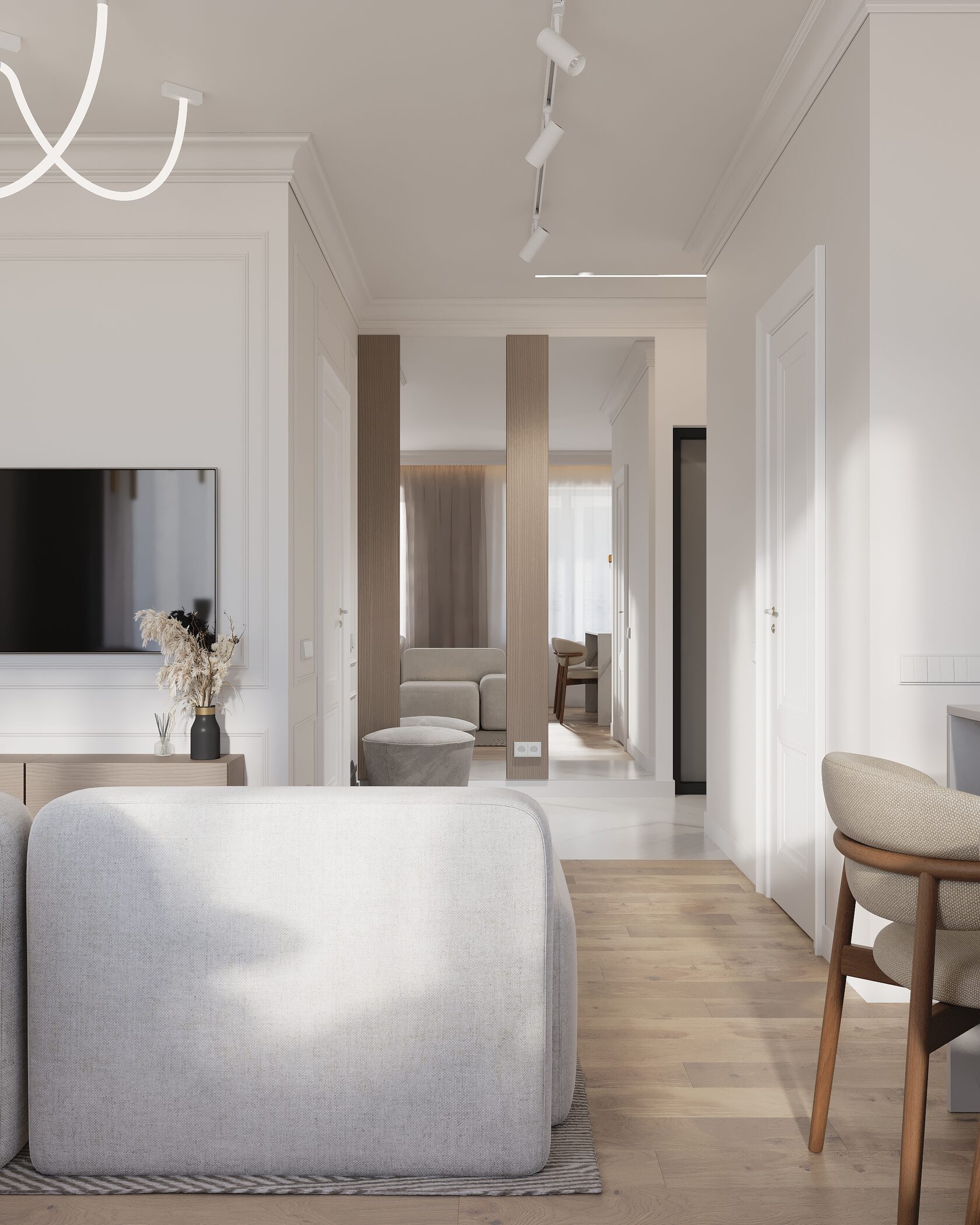 зона телевизора с зеркалами диваном панелями деревянными