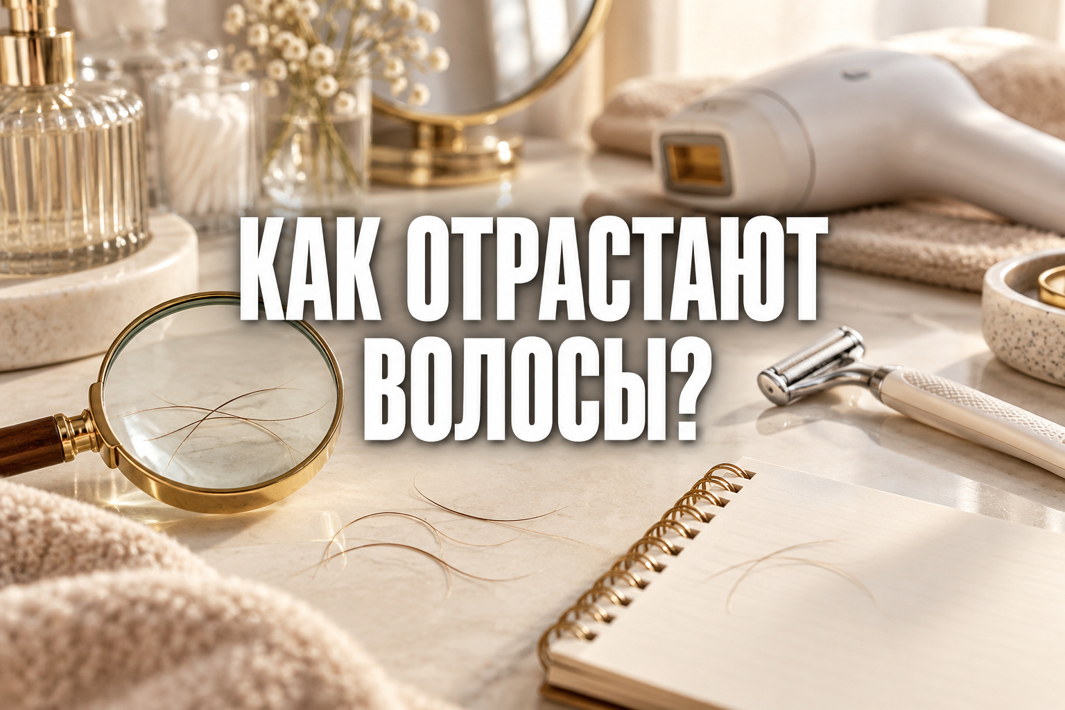 Обложка с лупой и средствами удаления волос; по центру крупная фраза «КАК ОТРАСТАЮТ ВОЛОСЫ?»
