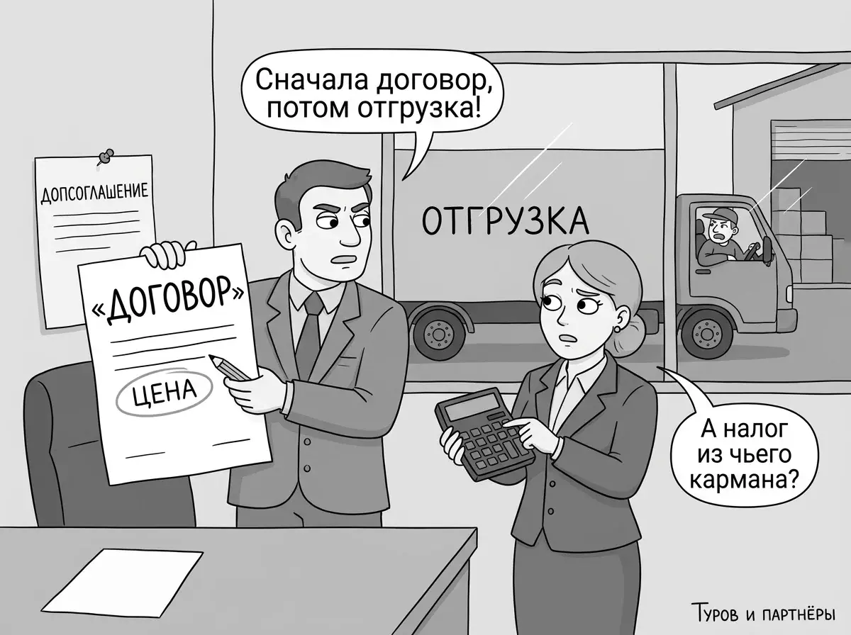 Юрист показывает договор с обведённой строкой о цене, бухгалтер спрашивает про НДС, грузовик ждёт отгрузки