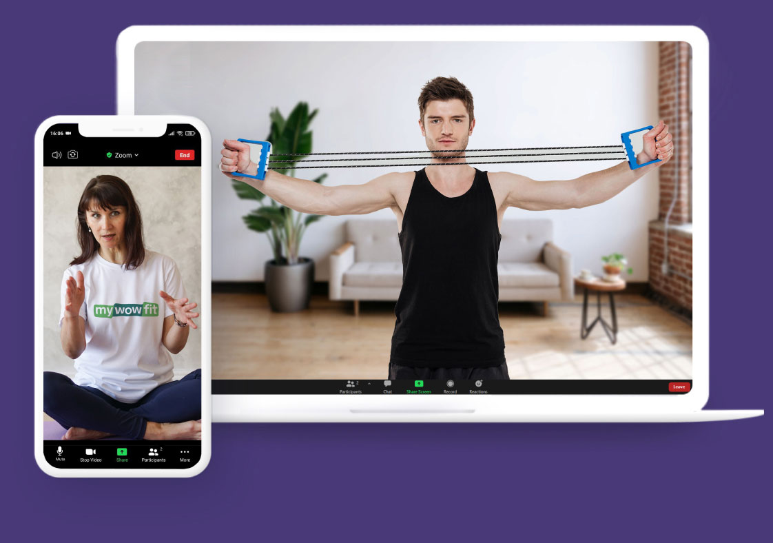 Man doing golf fitness exercises with resistance band online at home with personal coach