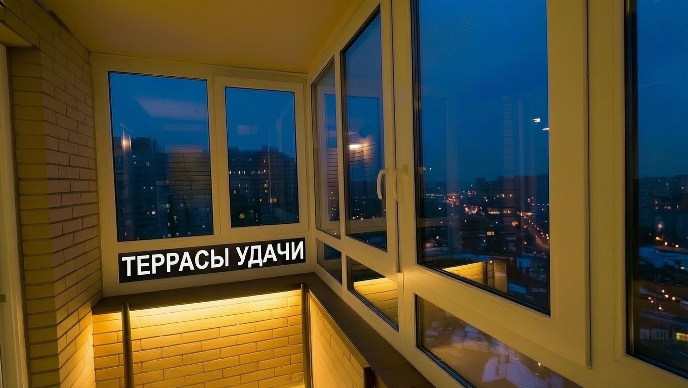Лоджия с подсветкой и тёплым остеклением вечером