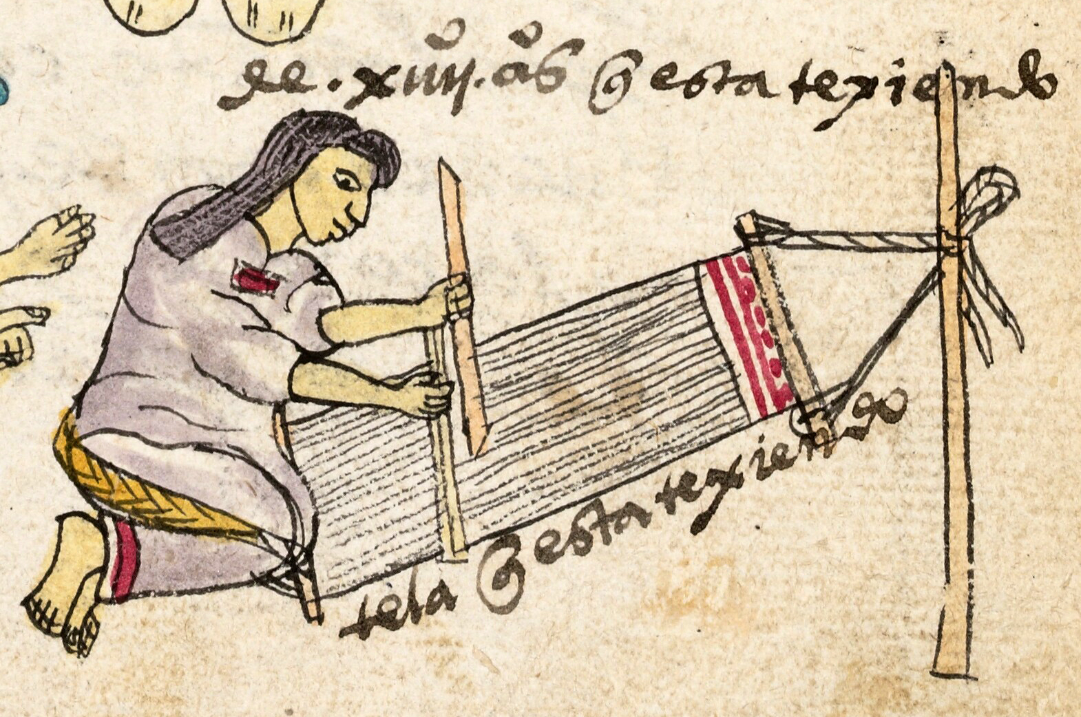 Женщина за ткацким станком. Фрагмент кодекса Мендоса. Коллекция Bodleian Library, Oxford.