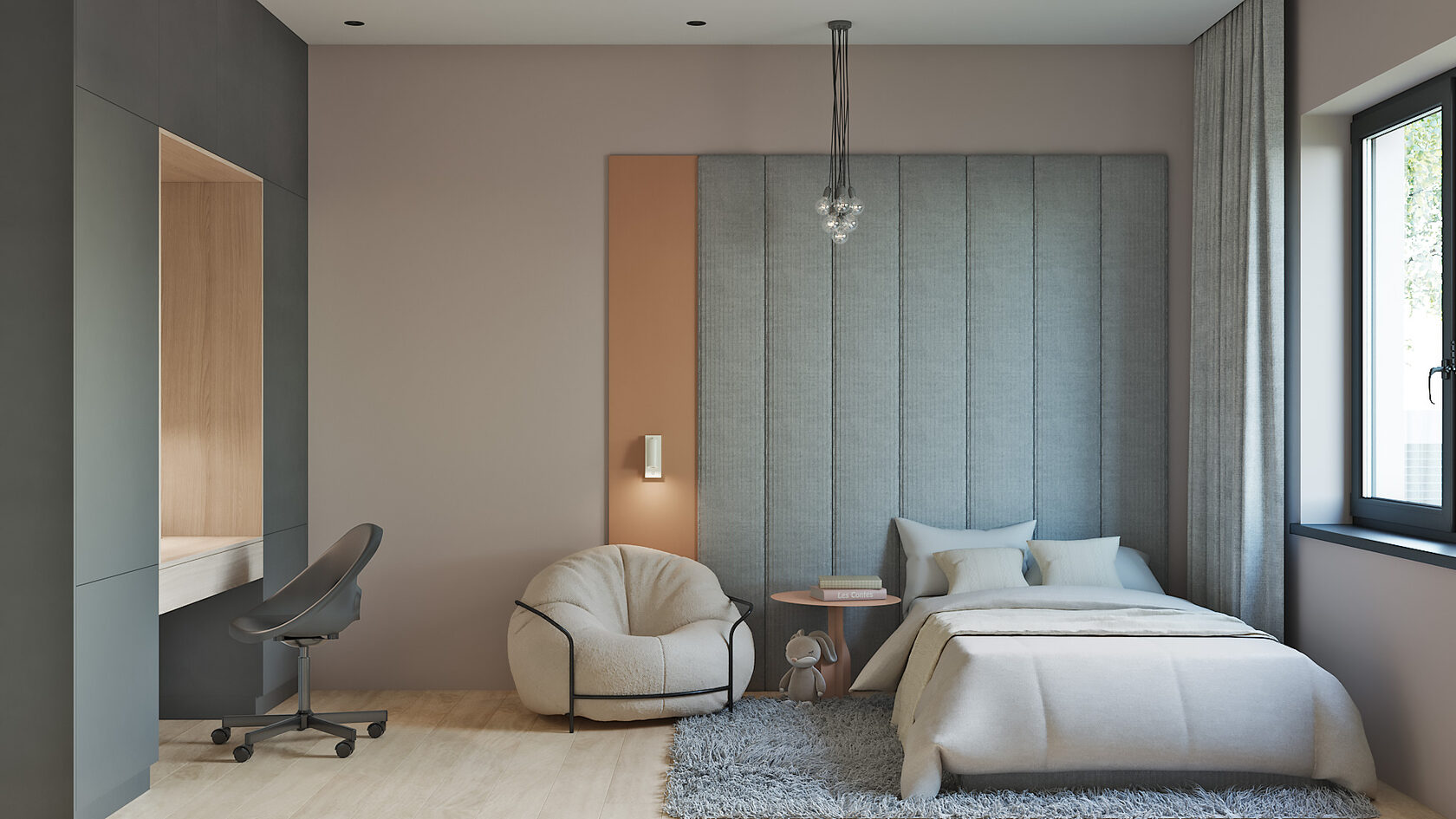 Aménagement chambre enfant et bébé moderne en tons neutres avec lit simple et fauteuil cosy
