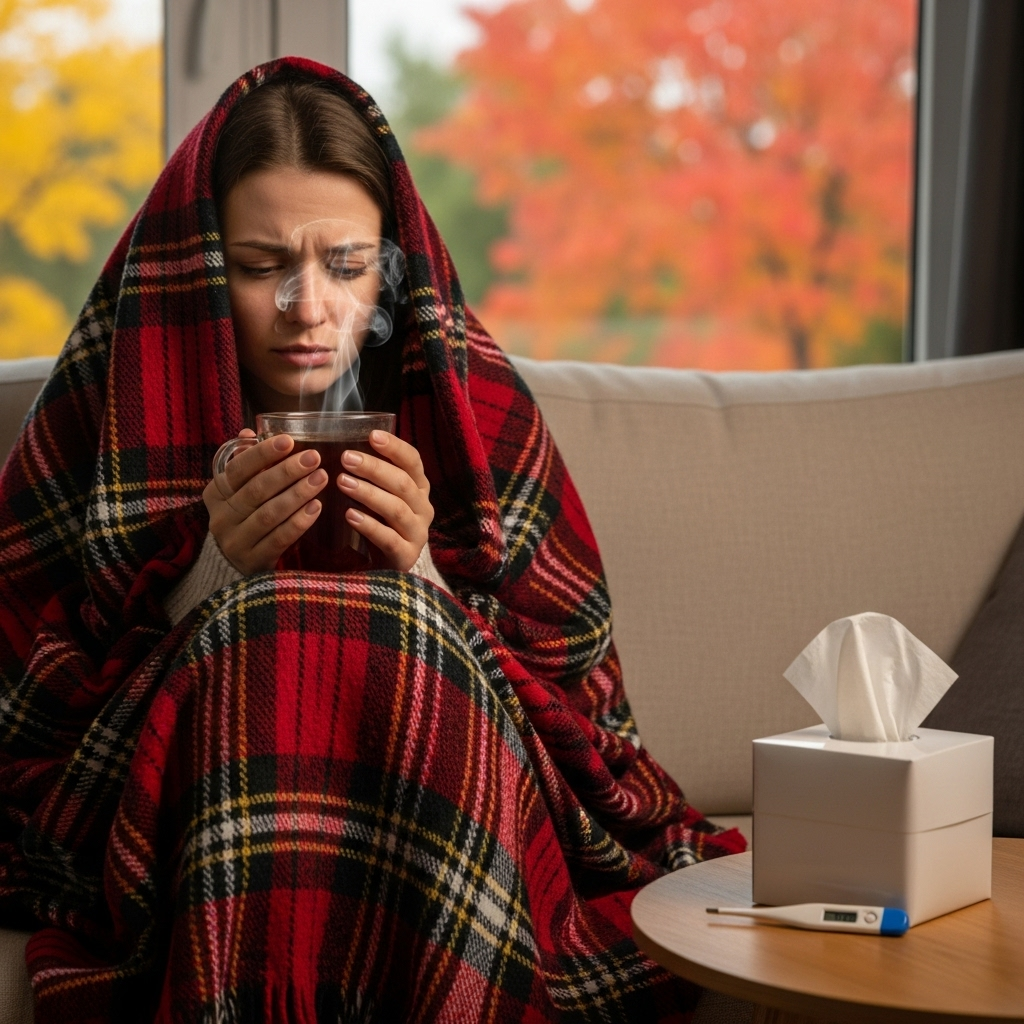 Девушка в сезон ОРВИ и простуды сидит с температурой и пьет чай