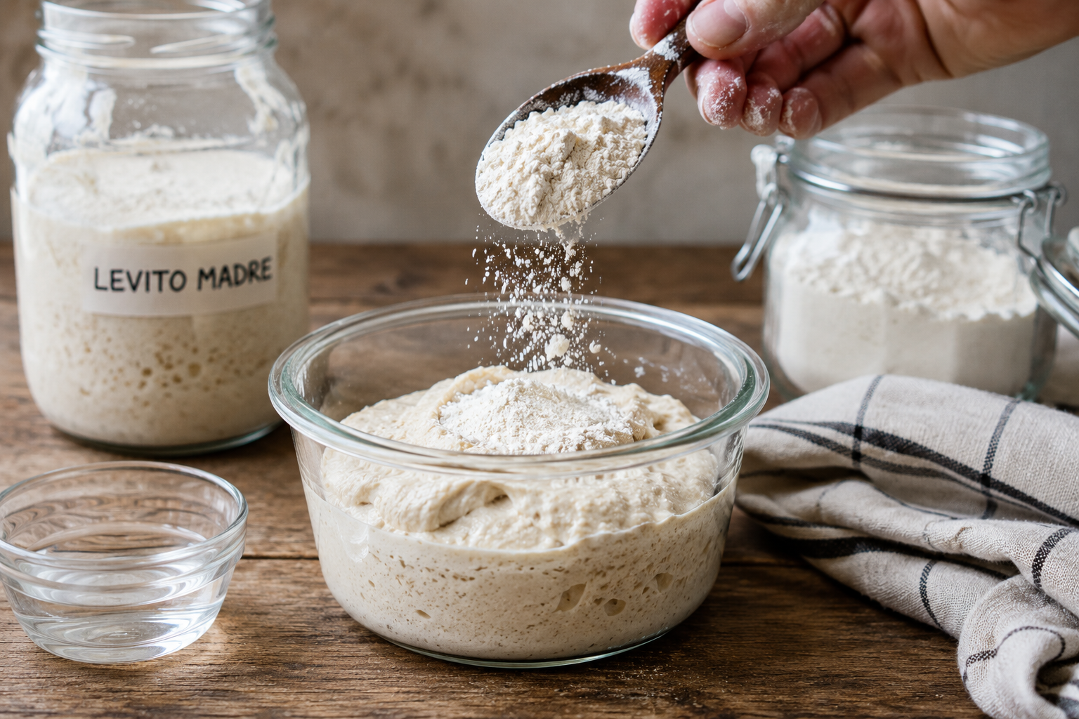 Feeding Levito Madre sourdough starter with fresh flour and water
